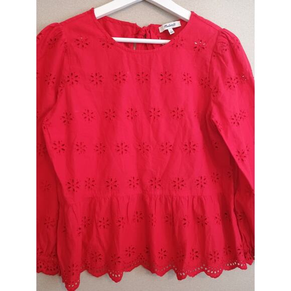 Madewell Top Women's Small Red Scalloped Eyelet Keyhole Peplum Back Top Ties - Picture 5 of 6